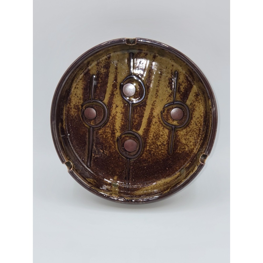 Vintage MCM‎ Ceramic Ashtray 6.25" Brown Drip Glaze Studio Pottery